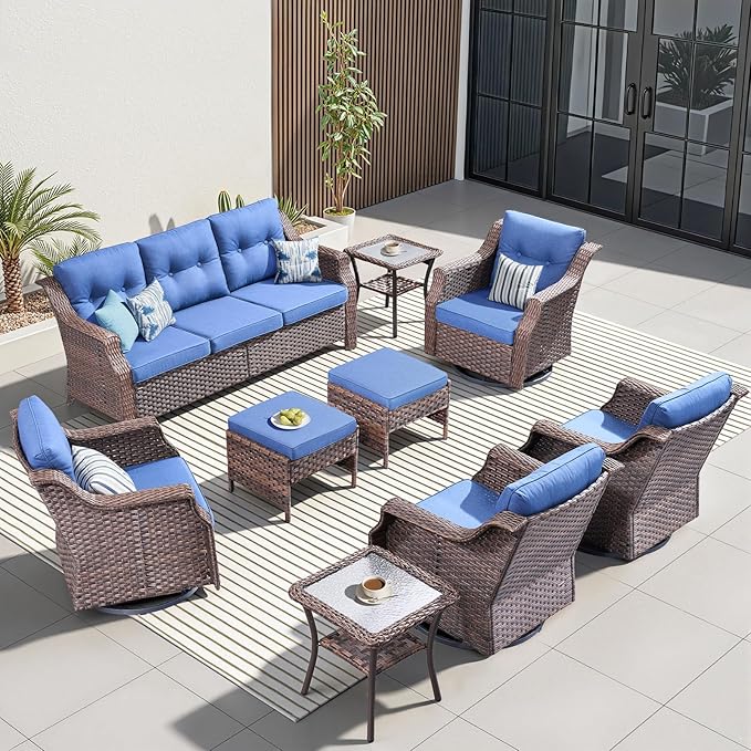 Wicker Patio Furniture Set-9 Piece High Back Outdoor Furniture Set Sectional Sofa with Wicker Swivel Rocker Patio Chairs,Thick Cushions Ottomans for Porch Balcony Patio Deck Brown/Blue