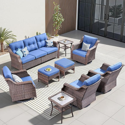 Wicker Patio Furniture Set-9 Piece High Back Outdoor Furniture Set Sectional Sofa with Wicker Swivel Rocker Patio Chairs,Thick Cushions Ottomans for Porch Balcony Patio Deck Brown/Blue