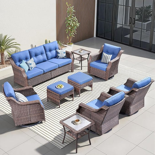 Wicker Patio Furniture Set-9 Piece High Back Outdoor Furniture Set Sectional Sofa with Wicker Swivel Rocker Patio Chairs,Thick Cushions Ottomans for Porch Balcony Patio Deck Brown/Blue