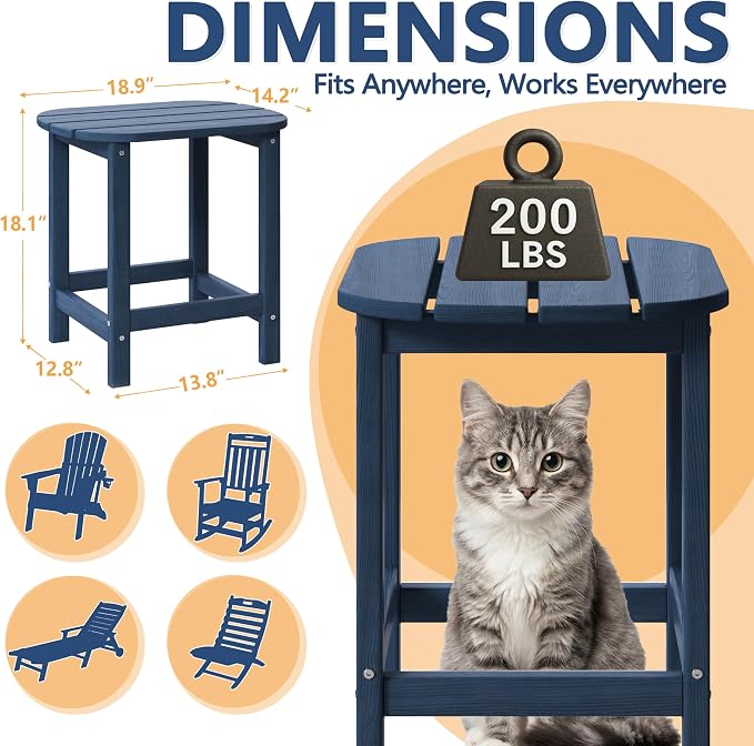 Outdoor Adirondack Side Table for Patio Porch Pool, 18" HDPE Weather Resistant End Table for Backyard and Indoor Use, Easy Maintenance & Indoor Outdoor Durable Construction(Navy Blue)