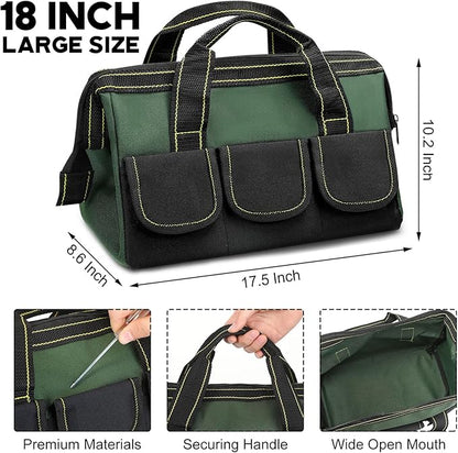 Sanwuta 3 Pack Tool Bag for Men with Waterproof Hard Bottom, Heavy Duty Tool Bag Wide Mouth Tote for Various Instrument, Electrician Carpenter Mechanic(Red, Army Green, Blue,18 Inch,Classic)
