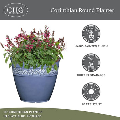 Classic Home and Garden Corinthian Resin Flower Pot Planter, Slate Blue, 8"