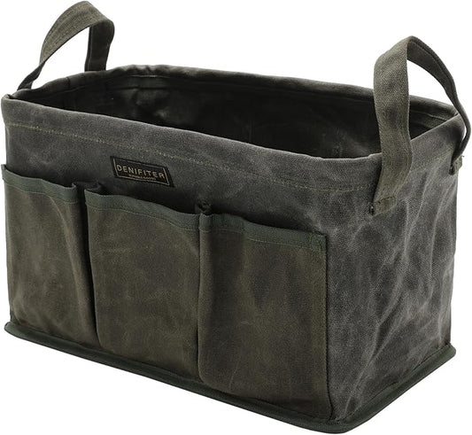 Tool Bag for Organizing, Waxed Canvas Wide Open Top Tool Tote Bag with 6 External Pockets, 13.8 x 7.8 x 7.8 Inches (ArmyGreen)