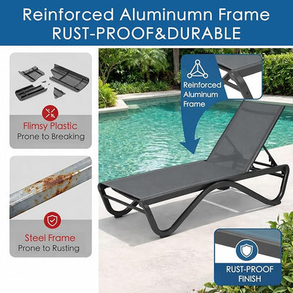 Kozyard Outdoor Chaise Lounge Chair, All Aluminum Frame and Textilene Fabric, Fully Flat Adjustable Reclining Patio Lounger for Poolside, Sunbathing & Backyard (Gray, 2Chairs)