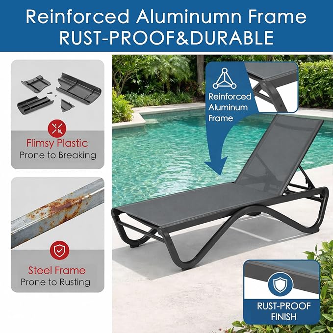 Kozyard Outdoor Chaise Lounge Chair, All Aluminum Frame and Textilene Fabric, Fully Flat Adjustable Reclining Patio Lounger for Poolside, Sunbathing & Backyard, Gray, 2Chairs + Table