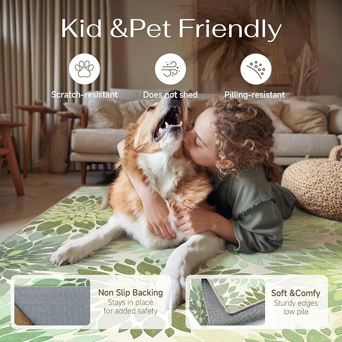 4x6 Indoor Outdoor Area Rug Washable Patio Rug Green Non Slip Non Shedding Waterproof Doormat for Living Room Bedroom Entryway Kitchen Front Porch Deck Backyard Dining Room