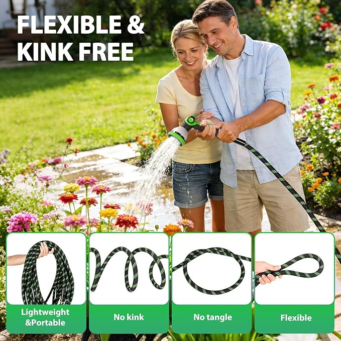 Garden Hose 100 ft Water Hose Flexible Non-Expandable Outdoor Heavy Duty Lightweight Leakproof Kink-free flex Watering Hose Pipe for 3/4 inch Fitting Yard Lawn Outside Car Wash