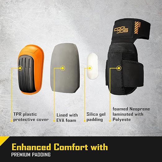 COOLJOB Professional Knee Pads with Heavy Duty Anti-Slip Cap, Comfortable Foam Cushion and Extra Thick Gel Padding for Construction Flooring, Reinforced & Adjustable Straps, Orange