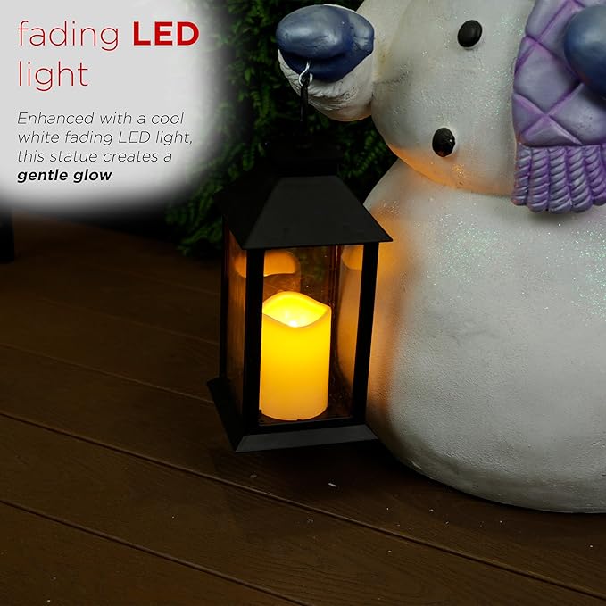 Alpine Corporation SKY562L-TM Lavender Winter Snowman Holding Lantern Statue with Warm White Flashing LED Candle, 3 Feet Tall, Indoor/Outdoor Holiday Decoration