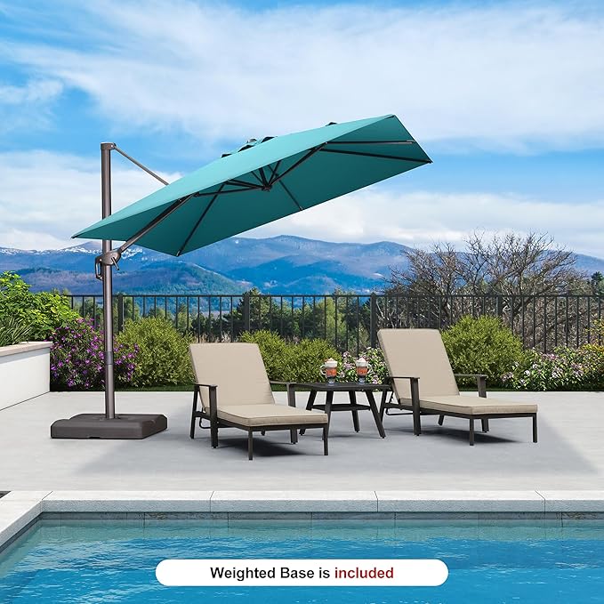 PURPLE LEAF 9' X 9' Patio Umbrella With Base Square Cantilever Umbrella Outdoor with 360° Rotation and Aluminum Offset Hanging for Pool Deck Garden Backyard, Turquoise