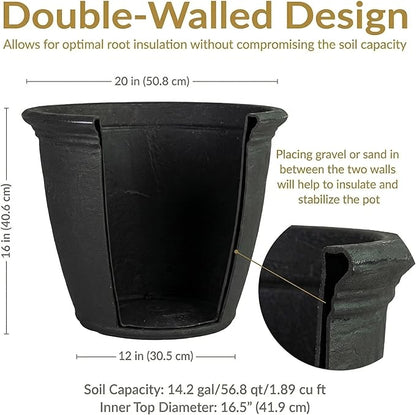Sunnydaze 20-Inch Anjelica Large Plastic Pot for Plants - Outdoor Double-Walled Large Plastic Planter with Drillable Drainage Holes - Matte Black - 4pk