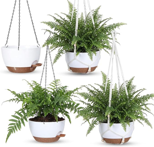 Sliner Set of 4-10 Inch Self Watering Hanging Planters Includes Hanging Pots and Outdoor Hanger Plant Pots with Drainage Holes 2 Types of Hanger Basket Hooks for Patio Garden(White Brown)