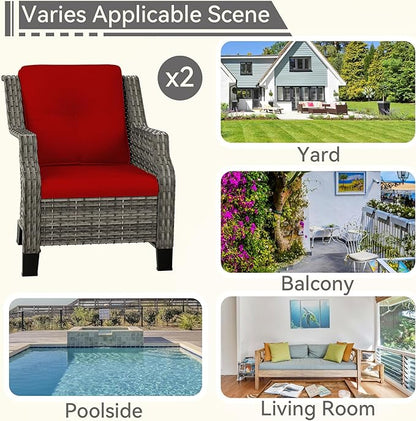 Patio Chairs Set of 2 Rattan Chair Patio Furniture Set with Thick Cushions and All-Weather PE Wicker for Garden, Patio and Porch, Red