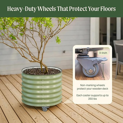 Rolling Metal Citrus Tree Planter Pot, 21″ Round Planter Box for Porch Patio & Backyard, 20 Gallon Large Planter Pot with Wheels for Growing Olive Trees Tomatoes Vegetables Flowers, 2 Pack Olive Green