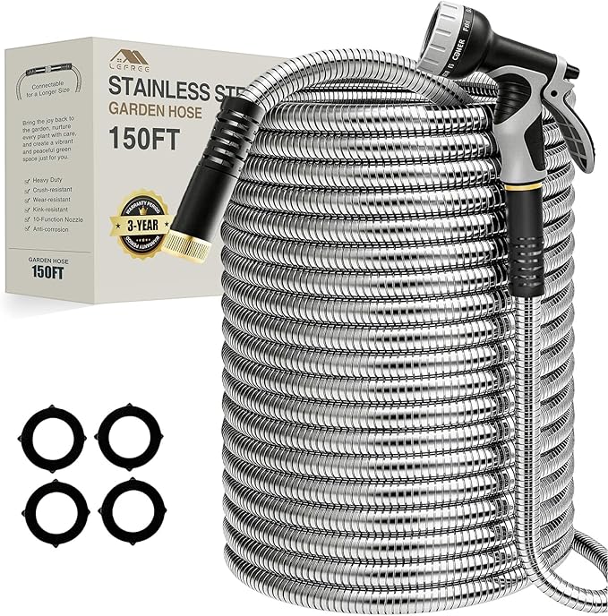 Lefree 150ft Stainless Steel Garden Hose - No-Kink Leak-Proof Crush Resistant, with Upgraded Protective Rubber Sleeve, 10-Function Nozzle for Lawn Care, RV Camp, Long-Distance Yard Watering