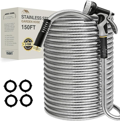 Lefree 150ft Stainless Steel Garden Hose - No-Kink Leak-Proof Crush Resistant, with Upgraded Protective Rubber Sleeve, 10-Function Nozzle for Lawn Care, RV Camp, Long-Distance Yard Watering