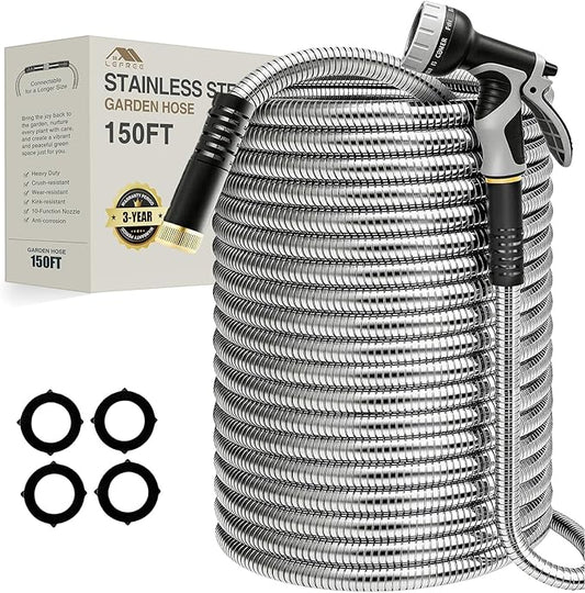 Lefree 150ft Stainless Steel Garden Hose - No-Kink Leak-Proof Crush Resistant, with Upgraded Protective Rubber Sleeve, 10-Function Nozzle for Lawn Care, RV Camp, Long-Distance Yard Watering