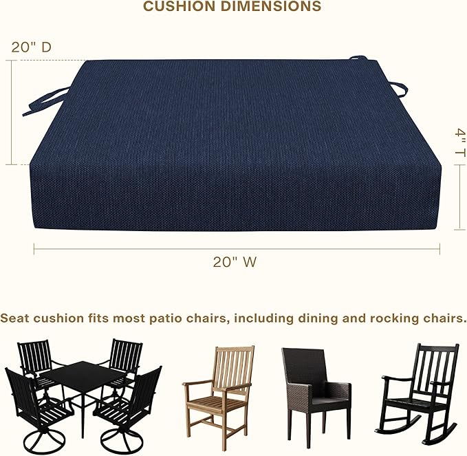 Honeycomb Outdoor Set of 2 Seat Pads, 20 x 20, Textured Solid Indigo Blue Dining Chair Cushions for Patio Furniture