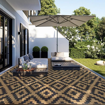 SAND MINE Reversible Mats, Plastic Straw Rug, Modern Area Rug, Large Floor Mat and Rug for Outdoors, RV, Patio, Backyard, Deck, Picnic, Beach, Trailer, Camping, Black & Brown, 10' x 20'