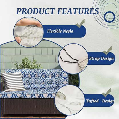 2/3 Seater Swing Replacement Cushion, Waterproof Porch Swing Cushions with Backrest, Thickened Bench Cushions for Outdoor Furniture, for Outdoor Patio Swing (Boho Blue, 63 * 40in)