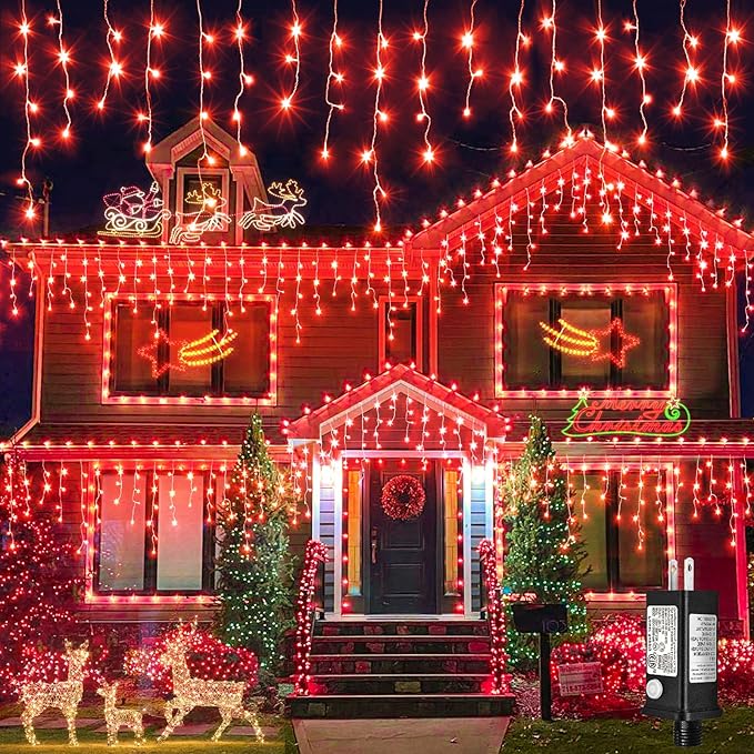 Icicle Lights for Outside, 66ft 640 LED Icicle Christmas Lights Outdoor with 120 Drops 8 Modes, Waterproof Red Christmas Light for House Plug in for Indoor Party Holiday Halloween Decorations