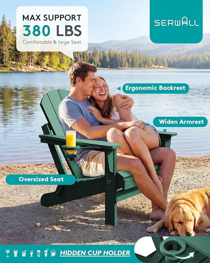 SERWALL Folding Adirondack Chair Set of 6, Painted Adirondack Chair with Cup Holder, Weather Resistant for Patio Deck Garden, Fire Pit & Lawn Furniture Porch - Green