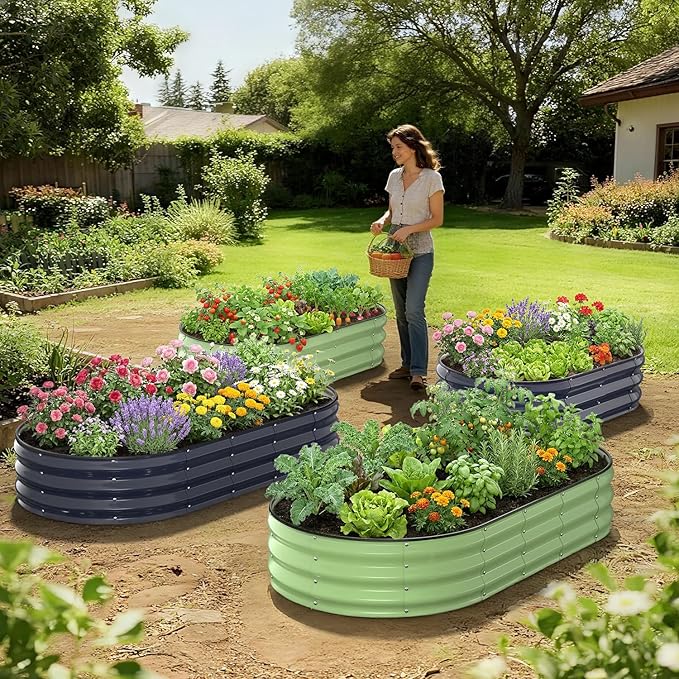 Raised Garden Bed 6×3×1 FT, Galvanized Raised Planter Box, Oval Vegetable Planting Container with Safety Edge Trim, Fruit Green for Backyard Fence Line Side Yard Family Gardening