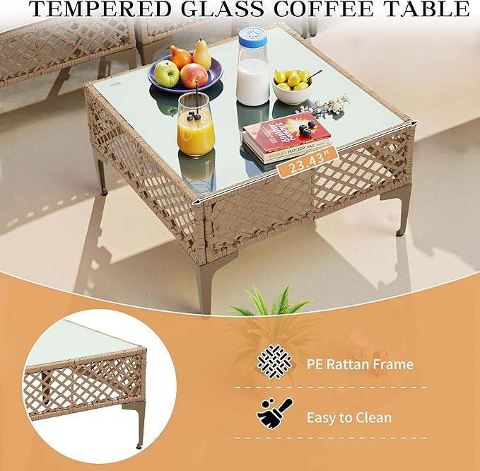 FHFO 7 Piece Outdoor Wicker Patio Furniture Set, Rattan Sectional Sofa Couch, Patio Conversation Set with Cushion & Coffee Table, for Backyard Poolside Porch Garden, Yellow/Beige