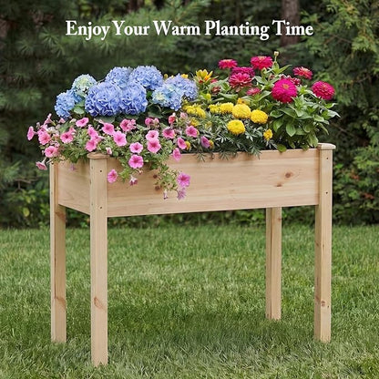 DUMOS Raised Garden Bed with Legs, 34x18x30 Inch Planter Box Outdoor with Liner for Herbs Flowers Vegetables, Elevated Wooden Garden Bed for Patio, Balcony and Backyard, Natural Wood