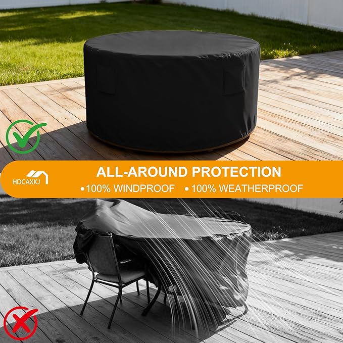 HDCAXKJ Round Patio Table Cover Waterproof Outdoor Dining Table and Chair Set Cover Heavy Duty Round Protector with Zipper Anti-Fading Cover for Outdoor Furniture (Black, 48"DIA x 39"H)