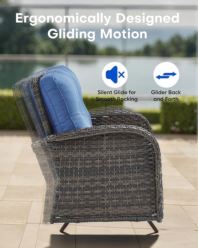 5-Piece Modern Wicker Patio Furniture Set - Outdoor Rocking Chairs, Glider Bench, Coffee Table - Brown/Blue