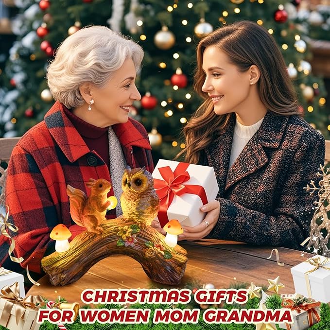 Solar Owl Garden Statues Outdoor Decor Resin Owl Squirrel Figurine with Mushroom Lights for Patio Lawn Yard Decorations Christmas Birthday Housewarming Gardening Gifts for Women Mom