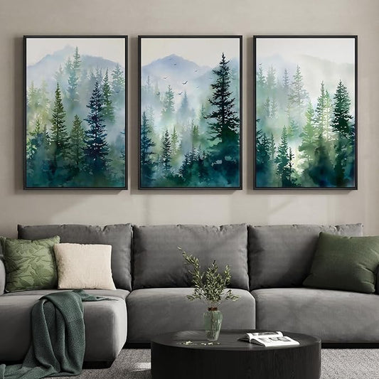 Large Framed Green Forest Landscape Wall Art for Living Room, 3 Piece Pine Tree Foggy Mountain Watercolor Canvas Artwork for Walls, Nature Scenic Modern Wall Decor for Dining Room Hallway, 24x36 Inch