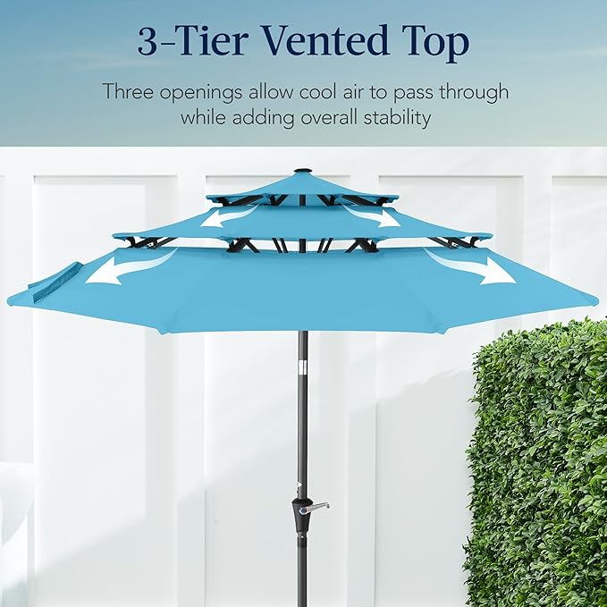 Best Choice Products 10ft 3-Tier Market Patio Umbrella, Outdoor Sun Shade with Tilt, Crank Lift, 8 Ribs for Backyard, Deck, Poolside – Sky Blue