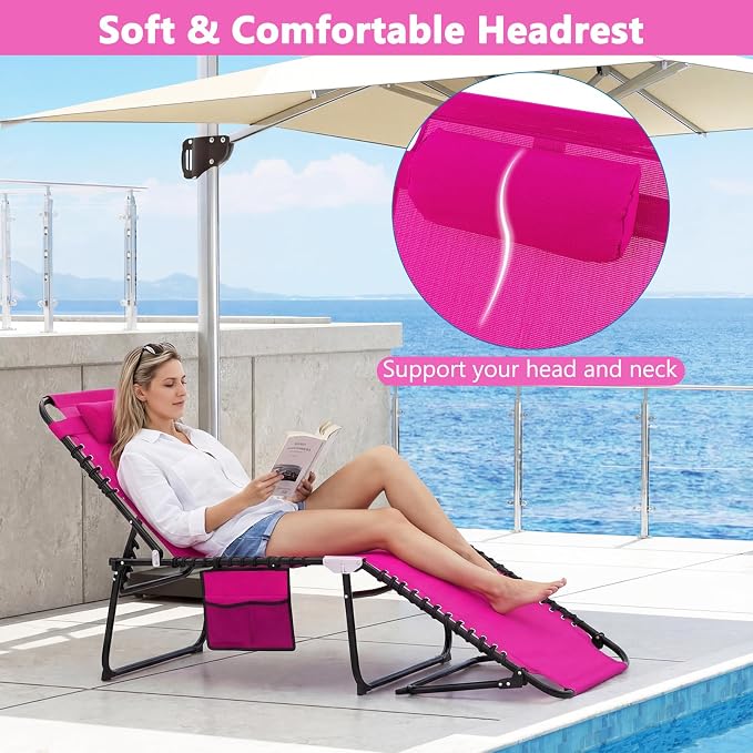 Giantex Patio Lounge Chairs for Outside - Set of 2 Folding Tanning Chair w/Headrest, 4 Adjustable Positions, Side Pocket, Outdoor Chaise Lounge for Camping, Pool, Sunbathing Beach Chair, Pink