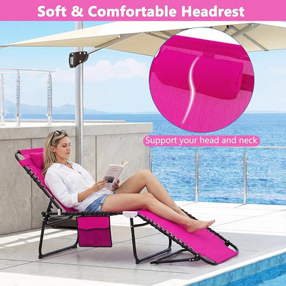 Giantex Patio Lounge Chairs for Outside - Set of 2 Folding Tanning Chair w/Headrest, 4 Adjustable Positions, Side Pocket, Outdoor Chaise Lounge for Camping, Pool, Sunbathing Beach Chair, Pink