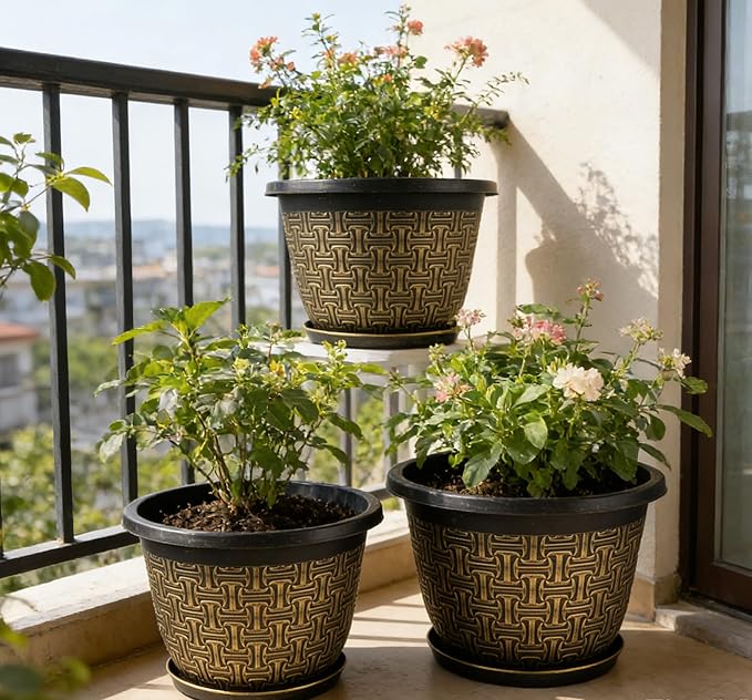 Nooulap 4 Pack 12 Inch Plant Pots,Large-Plant-Flower-Planters-Plastic, Flower Pots Outdoor Indoor with Drainage Holes & Trays, Retro Antique Imitation Decorative Garden Sets for Houseplants