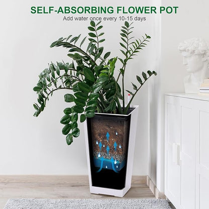 2 Pack Tall Self-Watering Planter Pots with Water Level Indicator, 12"l x 12"w x 22.5"h, Modern Flower Pots with Inner Bucket Handles and Water Injection Port for Indoor Outdoor Plants, White