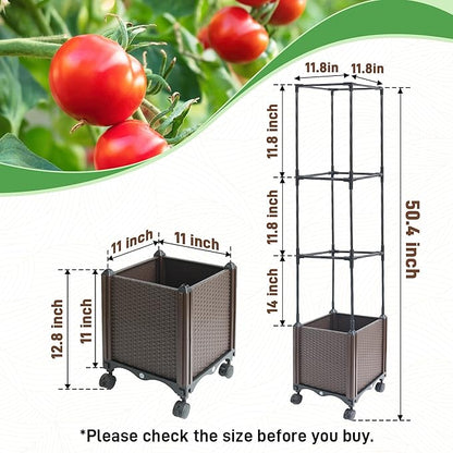 Quibbay Raised Garden Bed with Tomato Planter Cage,50.4" Self Watering Tomato Planter with Plastic Coating Steel Pipe for Climbing Vine Flowers Outdoor, Tomatoes Cage with Trellis Wheels, 1Pack