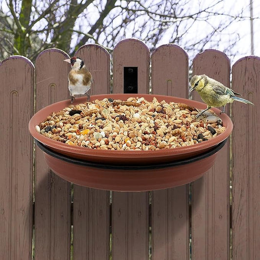 Fence Bird Feeders Tray - Tree Mounted Wild Bird Bath for Outdoors Place Food Water, Installed on Deck Wall Stakes with Heavy Duty Iron Ring, 8.3'' Dia. (Brown)