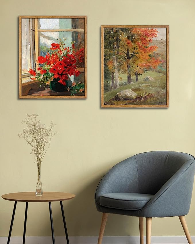 UPWOIGH 16x24 in Large Framed Wall Art, Autumn Tree Oil Painting Canvas, Vintage Fall Landscape Rustic Forest Print, Retro Moody Wall Art for Living Room Bedroom Decor, 1 Pack Gift