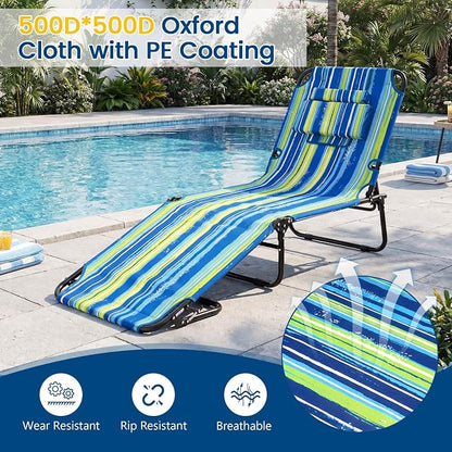 Giantex Tanning Chair, Folding Beach Chair, Adjustable Patio Lounge Chair with Face Hole, Removable Pillows, Carry Strap, Layout Chair, Set of 2 Outdoor Chaise Lounger for Poolside Yard Lawn