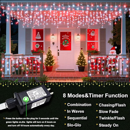 Icicle Christmas Lights Outdoor 33ft 400 LED Icicle Lights for Outside 8 Modes with 75 Drops, Waterproof Hanging Christmas Light Plug in for Indoor Outside Party Holiday Xmas Decorations, Red&White