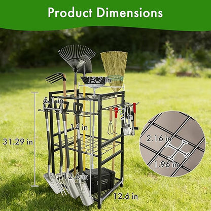Garden Tool Organizer - 70-Hole Garage Storage Rack with Adjustable Feet & T-Handle Hooks, Broom/Mop Holder for Yard, Shed, Multi-Scene Use, No-Tool Assembly，Rack for Garage Organization Black