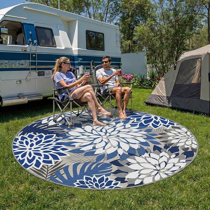 6x6 Outdoor Area Rug Washable Multicolored Patio Rug Tropical Botanical Floral Chenille Waterproof Outdoor Carpet Non-Slip for Patio, Deck, Backyard, Porch, Blue