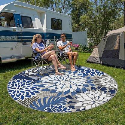 6x6 Outdoor Area Rug Washable Multicolored Patio Rug Tropical Botanical Floral Chenille Waterproof Outdoor Carpet Non-Slip for Patio, Deck, Backyard, Porch, Blue