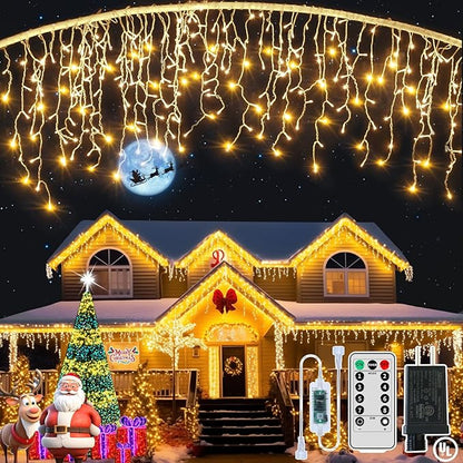 Plug-in Icicle Christmas Lights Waterproof - 65Ft 506 LED Icicle Lights for Outside Decorations with Remote, Warm White Icicle String Lights for Outdoor Indoor House Balcony Decor