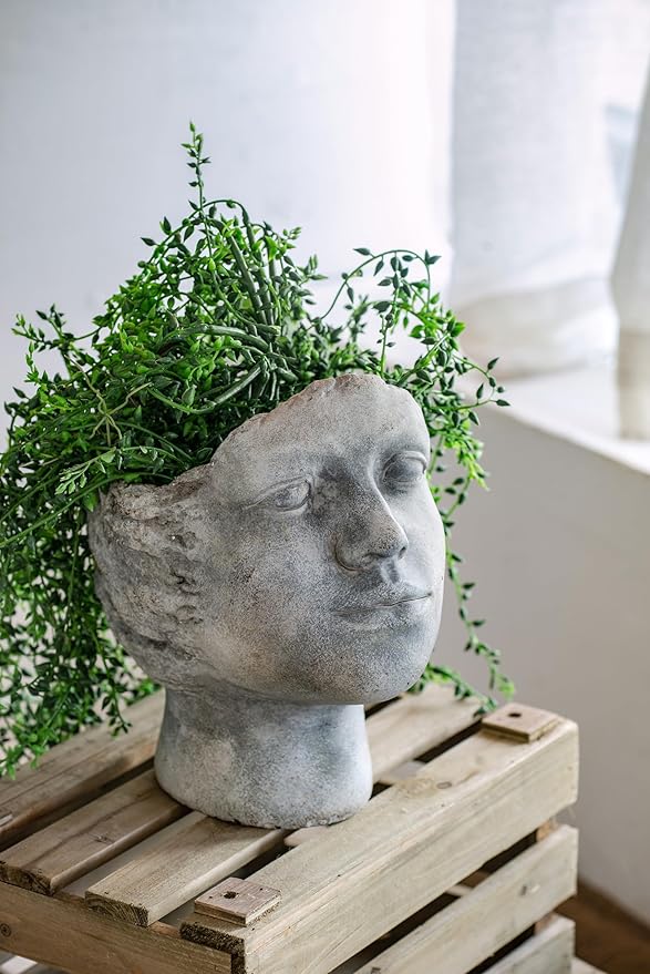 A&B Home Profile Head Cement Outdoor Planter, Unique Face Statue Vase Plant Pot, Gray Finish 9.5in Tall