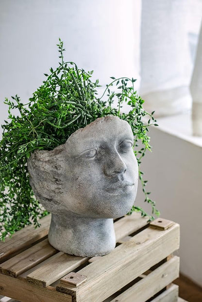 A&B Home Profile Head Cement Outdoor Planter, Unique Face Statue Vase Plant Pot, Gray Finish 9.5in Tall