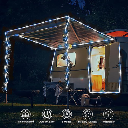 Solar Rope Lights, 66ft 200LED Solar String Lights, 8 Modes Waterproof Solar Powered Outdoor Light, Flexible Clear Tube Light for Garden Backyard Patio Deck Porch Pool Tree Christmas Decor -White&Blue
